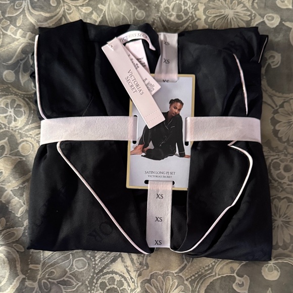 Victoria's Secret Black Satin Pajama Set with White Trim - Picture 1 of 1